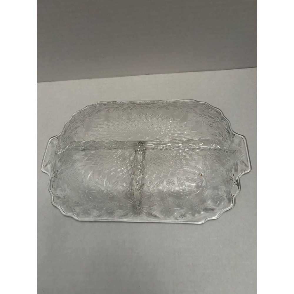Vintage Clear Pressed Glass Divided Relish Dish Floral Sunburst 3 Compartment - Picture 4 of 4